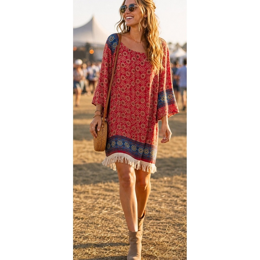 Compass Boho Dress Festival Mini fringe trim red sz M Western cowgirl